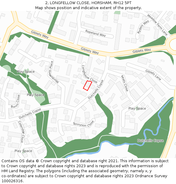 2, LONGFELLOW CLOSE, HORSHAM, RH12 5PT: Location map and indicative extent of plot