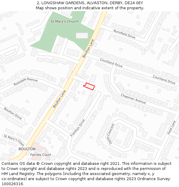 2, LONGSHAW GARDENS, ALVASTON, DERBY, DE24 0EY: Location map and indicative extent of plot