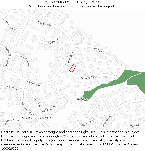 2, LORIMER CLOSE, LUTON, LU2 7RL: Location map and indicative extent of plot