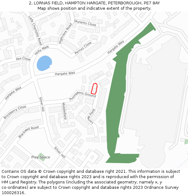 2, LORNAS FIELD, HAMPTON HARGATE, PETERBOROUGH, PE7 8AY: Location map and indicative extent of plot