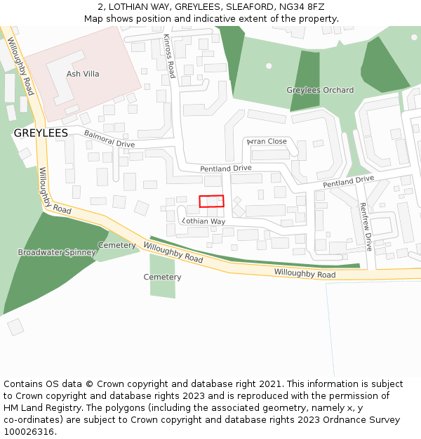 2, LOTHIAN WAY, GREYLEES, SLEAFORD, NG34 8FZ: Location map and indicative extent of plot