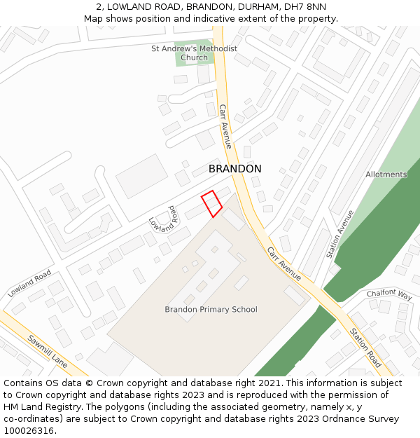 2, LOWLAND ROAD, BRANDON, DURHAM, DH7 8NN: Location map and indicative extent of plot
