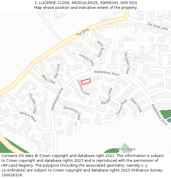 2, LUCERNE CLOSE, MIDDLELEAZE, SWINDON, SN5 5GQ: Location map and indicative extent of plot