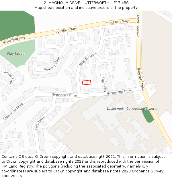 2, MAGNOLIA DRIVE, LUTTERWORTH, LE17 4RS: Location map and indicative extent of plot