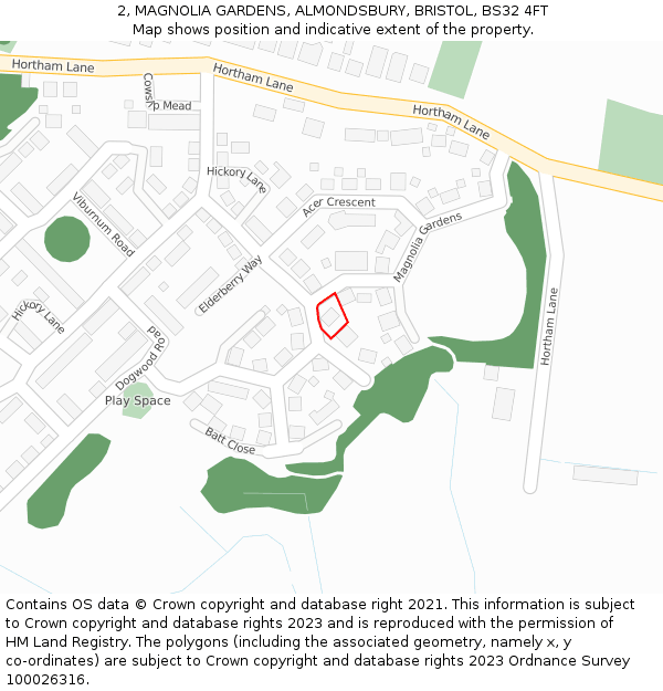 2, MAGNOLIA GARDENS, ALMONDSBURY, BRISTOL, BS32 4FT: Location map and indicative extent of plot