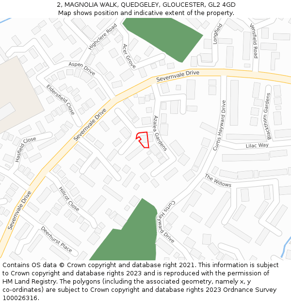 2, MAGNOLIA WALK, QUEDGELEY, GLOUCESTER, GL2 4GD: Location map and indicative extent of plot