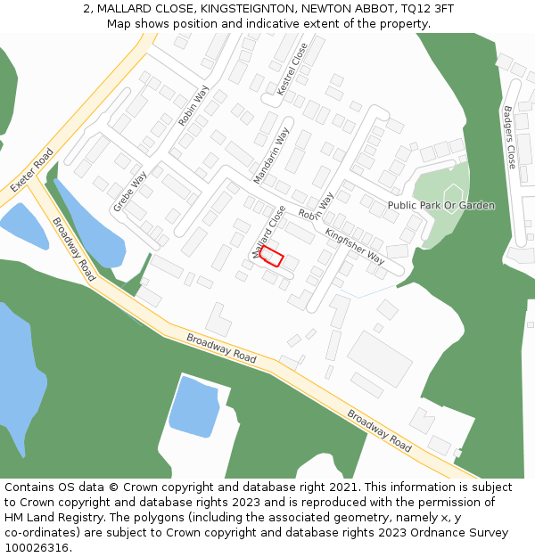 2, MALLARD CLOSE, KINGSTEIGNTON, NEWTON ABBOT, TQ12 3FT: Location map and indicative extent of plot