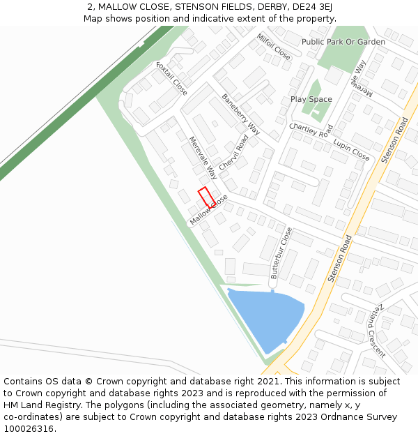 2, MALLOW CLOSE, STENSON FIELDS, DERBY, DE24 3EJ: Location map and indicative extent of plot