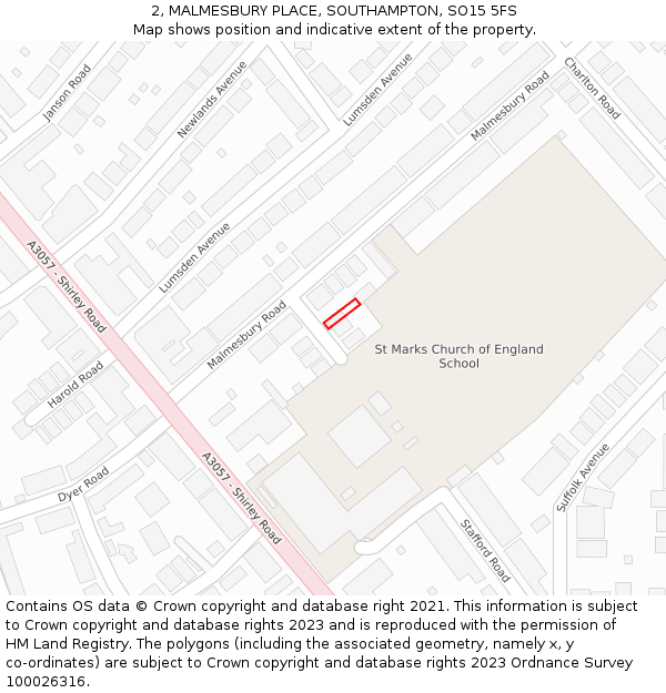2, MALMESBURY PLACE, SOUTHAMPTON, SO15 5FS: Location map and indicative extent of plot