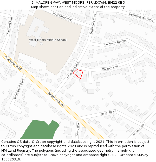2, MALOREN WAY, WEST MOORS, FERNDOWN, BH22 0BQ: Location map and indicative extent of plot