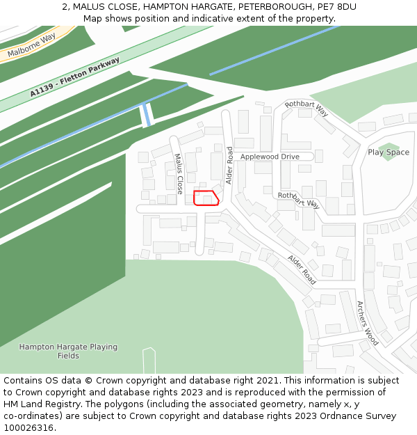 2, MALUS CLOSE, HAMPTON HARGATE, PETERBOROUGH, PE7 8DU: Location map and indicative extent of plot