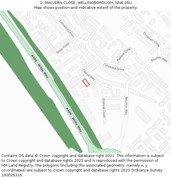 2, MALVERN CLOSE, WELLINGBOROUGH, NN8 2RU: Location map and indicative extent of plot