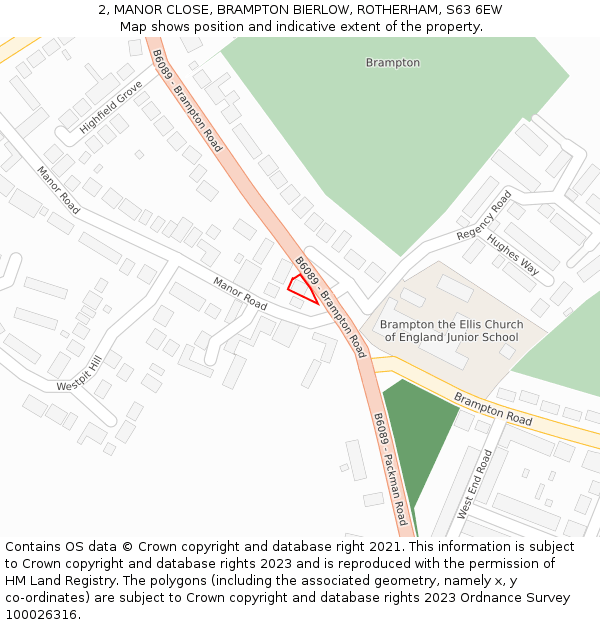 2, MANOR CLOSE, BRAMPTON BIERLOW, ROTHERHAM, S63 6EW: Location map and indicative extent of plot