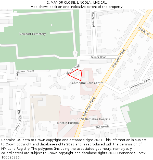 2, MANOR CLOSE, LINCOLN, LN2 1RL: Location map and indicative extent of plot