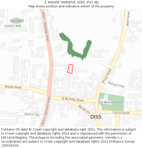 2, MANOR GARDENS, DISS, IP22 4EJ: Location map and indicative extent of plot