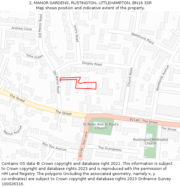 2, MANOR GARDENS, RUSTINGTON, LITTLEHAMPTON, BN16 3SR: Location map and indicative extent of plot