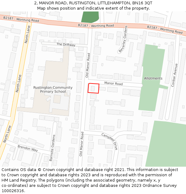 2, MANOR ROAD, RUSTINGTON, LITTLEHAMPTON, BN16 3QT: Location map and indicative extent of plot