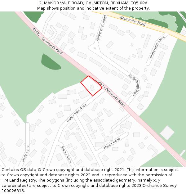 2, MANOR VALE ROAD, GALMPTON, BRIXHAM, TQ5 0PA: Location map and indicative extent of plot