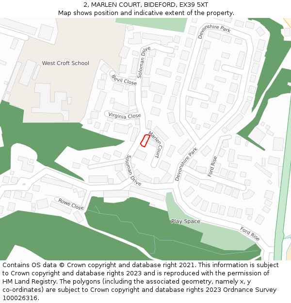 2, MARLEN COURT, BIDEFORD, EX39 5XT: Location map and indicative extent of plot