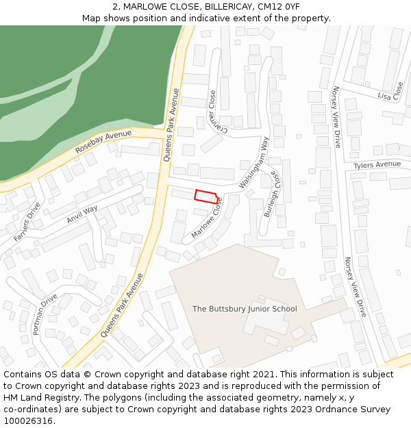 2, MARLOWE CLOSE, BILLERICAY, CM12 0YF: Location map and indicative extent of plot