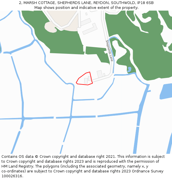 2, MARSH COTTAGE, SHEPHERDS LANE, REYDON, SOUTHWOLD, IP18 6SB: Location map and indicative extent of plot