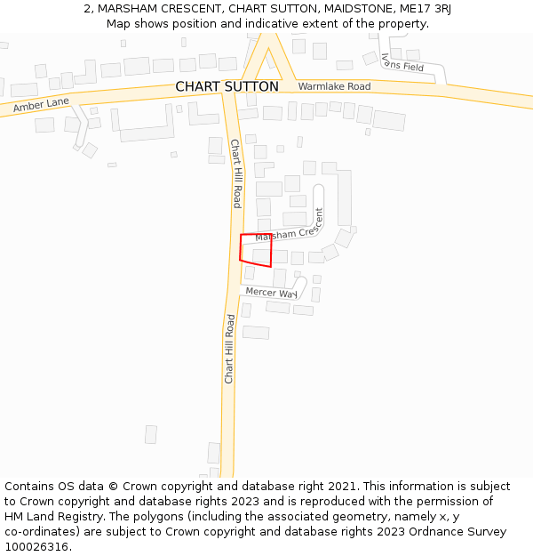2, MARSHAM CRESCENT, CHART SUTTON, MAIDSTONE, ME17 3RJ: Location map and indicative extent of plot