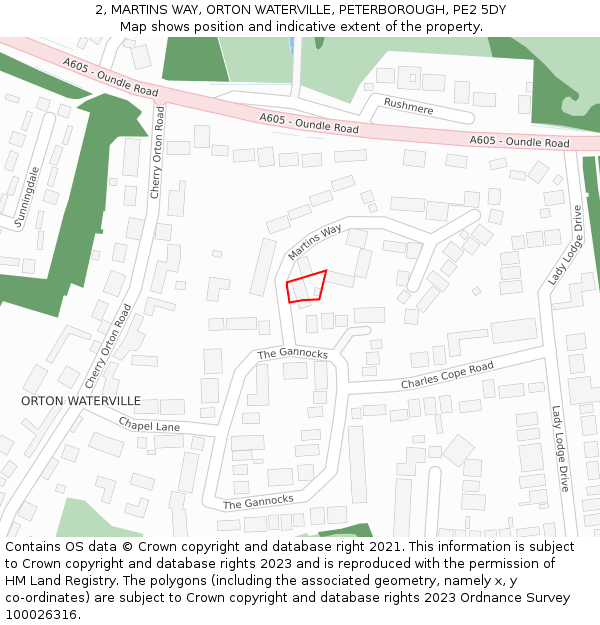 2, MARTINS WAY, ORTON WATERVILLE, PETERBOROUGH, PE2 5DY: Location map and indicative extent of plot