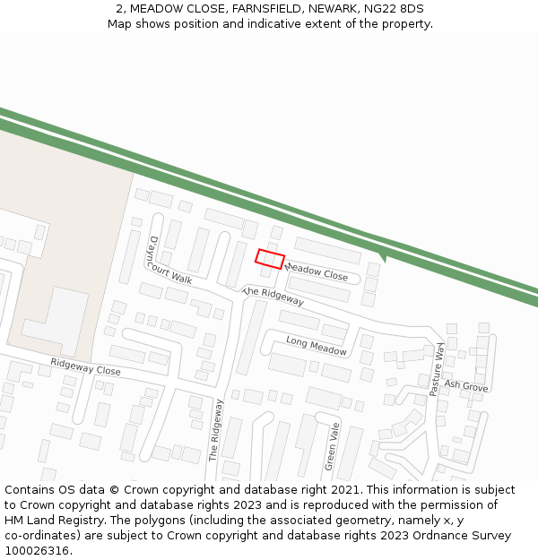 2, MEADOW CLOSE, FARNSFIELD, NEWARK, NG22 8DS: Location map and indicative extent of plot