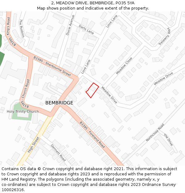 2, MEADOW DRIVE, BEMBRIDGE, PO35 5YA: Location map and indicative extent of plot