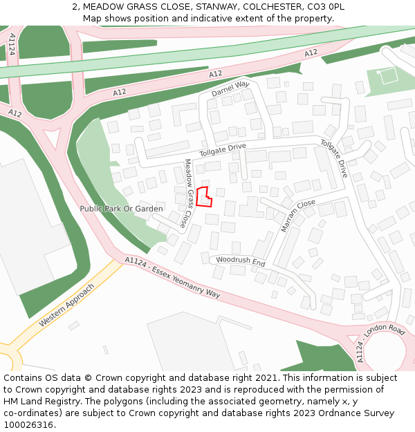 2, MEADOW GRASS CLOSE, STANWAY, COLCHESTER, CO3 0PL: Location map and indicative extent of plot