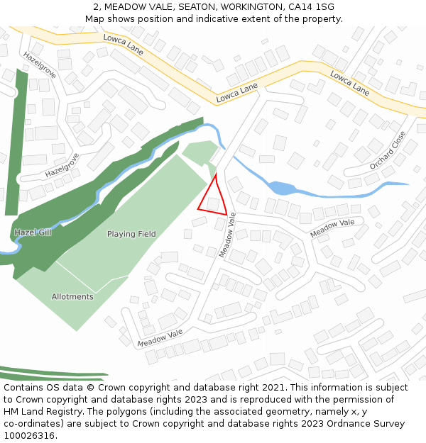 2, MEADOW VALE, SEATON, WORKINGTON, CA14 1SG: Location map and indicative extent of plot