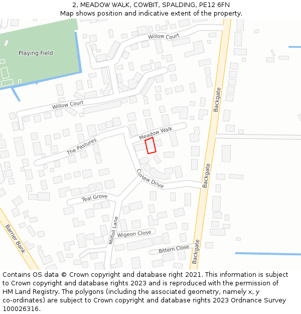 2, MEADOW WALK, COWBIT, SPALDING, PE12 6FN: Location map and indicative extent of plot