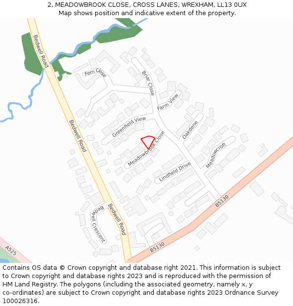 2, MEADOWBROOK CLOSE, CROSS LANES, WREXHAM, LL13 0UX: Location map and indicative extent of plot