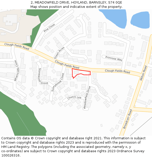 2, MEADOWFIELD DRIVE, HOYLAND, BARNSLEY, S74 0QE: Location map and indicative extent of plot