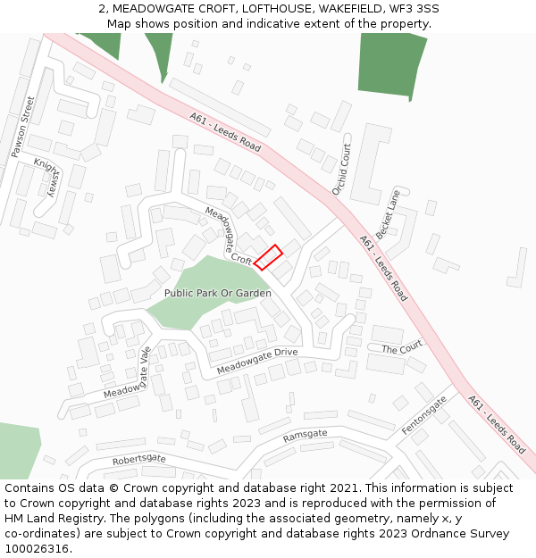 2, MEADOWGATE CROFT, LOFTHOUSE, WAKEFIELD, WF3 3SS: Location map and indicative extent of plot