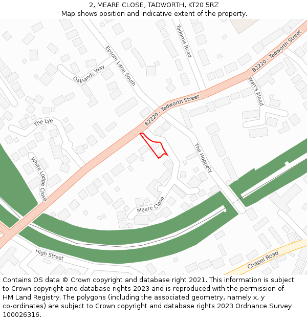 2, MEARE CLOSE, TADWORTH, KT20 5RZ: Location map and indicative extent of plot
