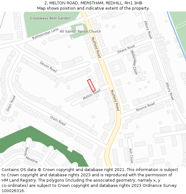 2, MELTON ROAD, MERSTHAM, REDHILL, RH1 3HB: Location map and indicative extent of plot