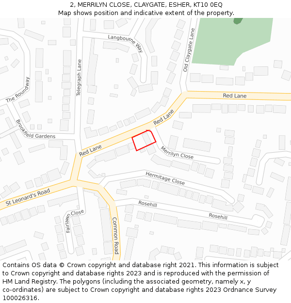 2, MERRILYN CLOSE, CLAYGATE, ESHER, KT10 0EQ: Location map and indicative extent of plot