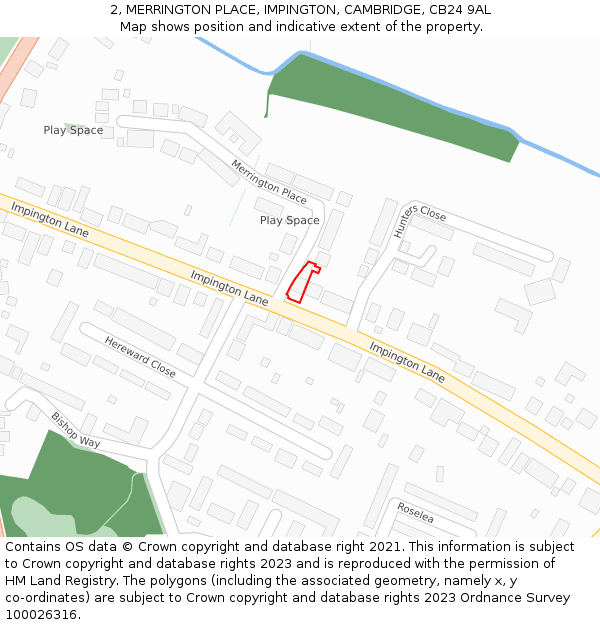 2, MERRINGTON PLACE, IMPINGTON, CAMBRIDGE, CB24 9AL: Location map and indicative extent of plot