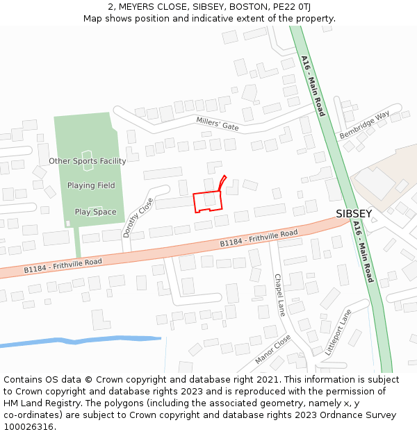 2, MEYERS CLOSE, SIBSEY, BOSTON, PE22 0TJ: Location map and indicative extent of plot