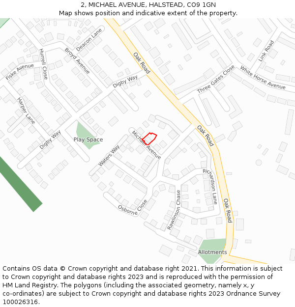 2, MICHAEL AVENUE, HALSTEAD, CO9 1GN: Location map and indicative extent of plot