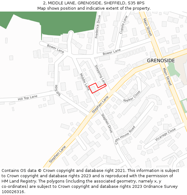 2, MIDDLE LANE, GRENOSIDE, SHEFFIELD, S35 8PS: Location map and indicative extent of plot