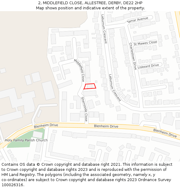 2, MIDDLEFIELD CLOSE, ALLESTREE, DERBY, DE22 2HP: Location map and indicative extent of plot