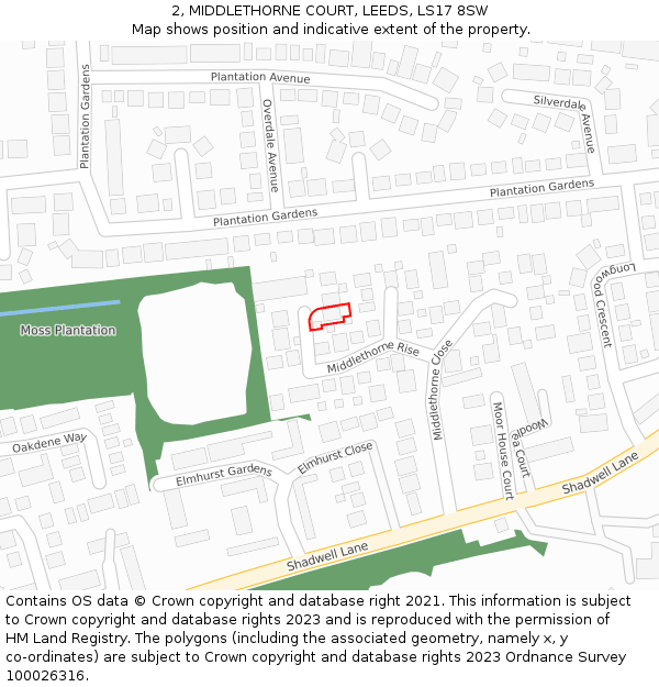 2, MIDDLETHORNE COURT, LEEDS, LS17 8SW: Location map and indicative extent of plot
