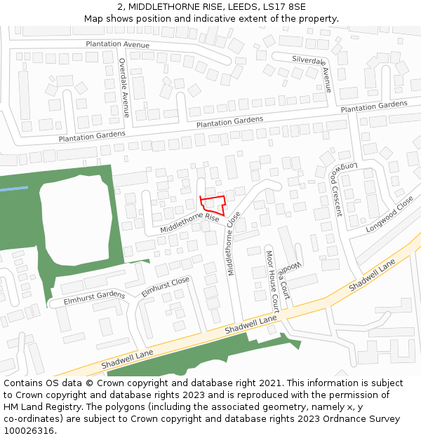 2, MIDDLETHORNE RISE, LEEDS, LS17 8SE: Location map and indicative extent of plot