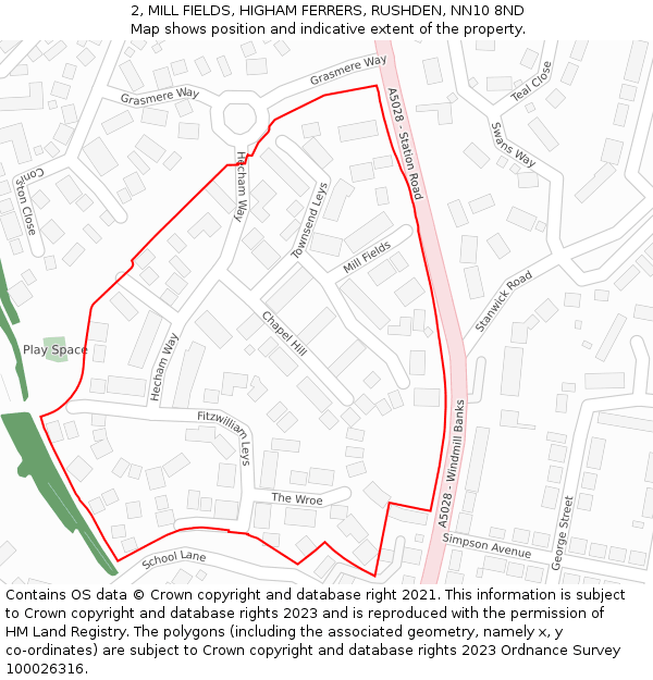 2, MILL FIELDS, HIGHAM FERRERS, RUSHDEN, NN10 8ND: Location map and indicative extent of plot