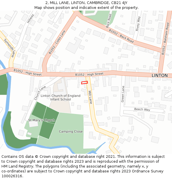 2, MILL LANE, LINTON, CAMBRIDGE, CB21 4JY: Location map and indicative extent of plot