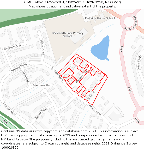 2, MILL VIEW, BACKWORTH, NEWCASTLE UPON TYNE, NE27 0GQ: Location map and indicative extent of plot