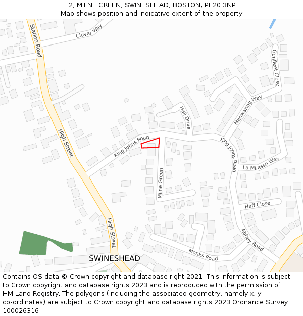 2, MILNE GREEN, SWINESHEAD, BOSTON, PE20 3NP: Location map and indicative extent of plot