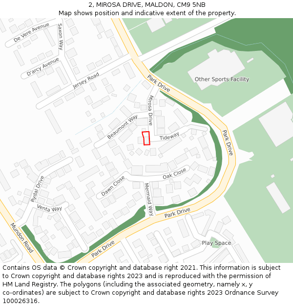 2, MIROSA DRIVE, MALDON, CM9 5NB: Location map and indicative extent of plot
